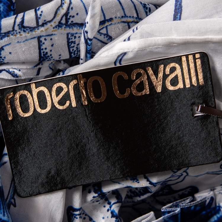 Pre Owned Roberto Cavalli White & Blue Printed Cotton Embellished Detail Maxi Dress M