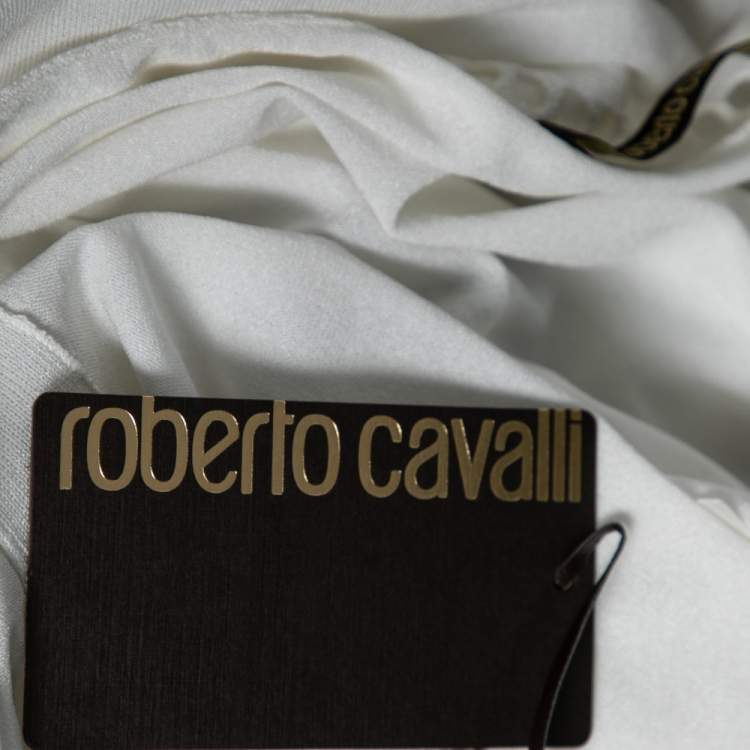 Pre Owned Roberto Cavalli White Synthetic Halter Neck Tie Sleeveless Top M