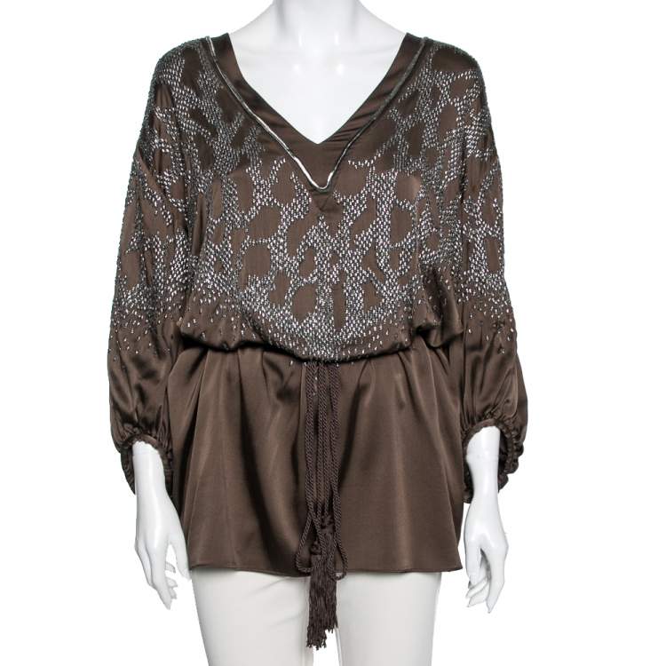 Pre Owned Roberto Cavalli Olive Green Satin Embellished Bishop Sleeve Belted Top M
