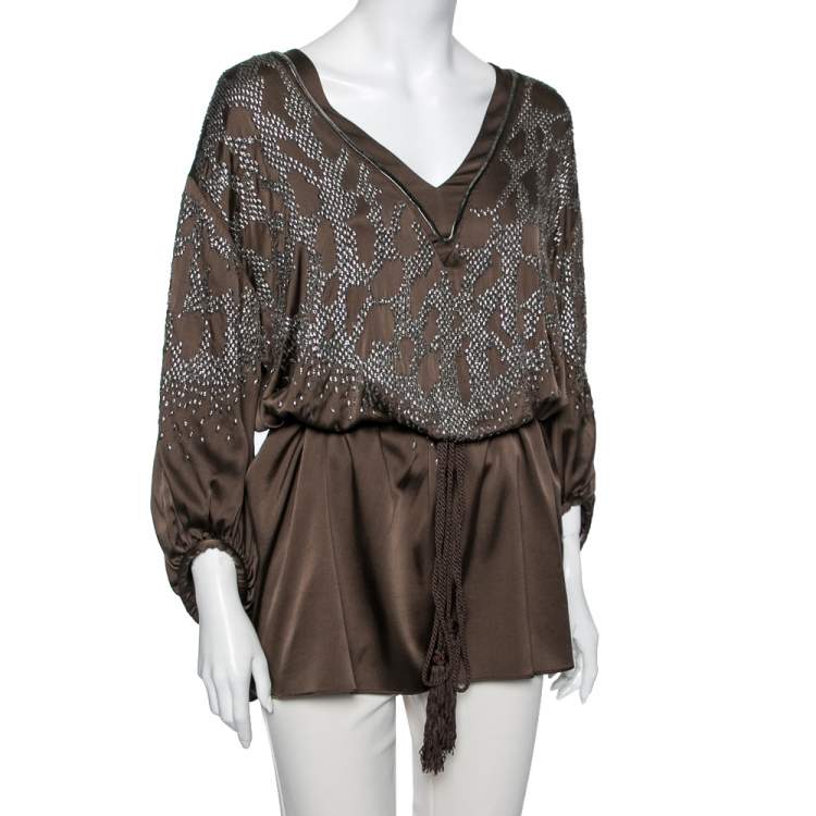 Pre Owned Roberto Cavalli Olive Green Satin Embellished Bishop Sleeve Belted Top M