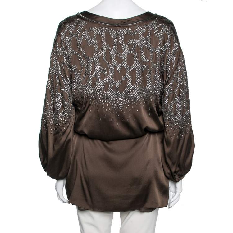 Pre Owned Roberto Cavalli Olive Green Satin Embellished Bishop Sleeve Belted Top M