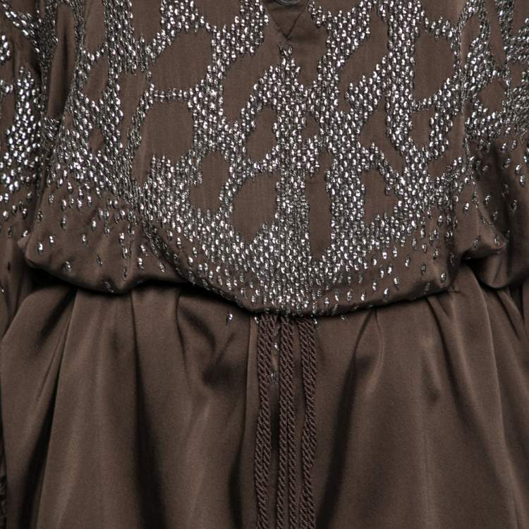Pre Owned Roberto Cavalli Olive Green Satin Embellished Bishop Sleeve Belted Top M