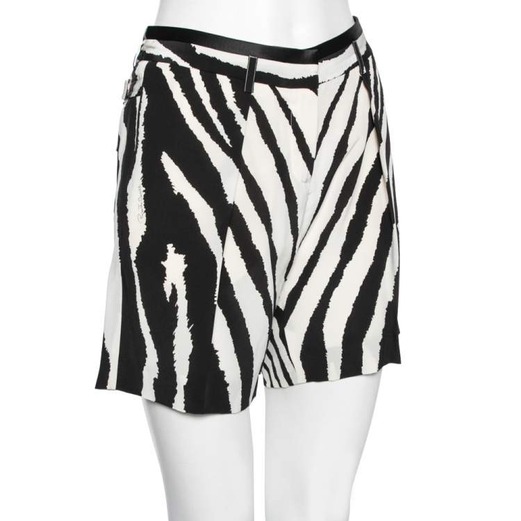 Pre Owned Roberto Cavalli  White and Black Zebra Printed Pleated Silk Shorts M