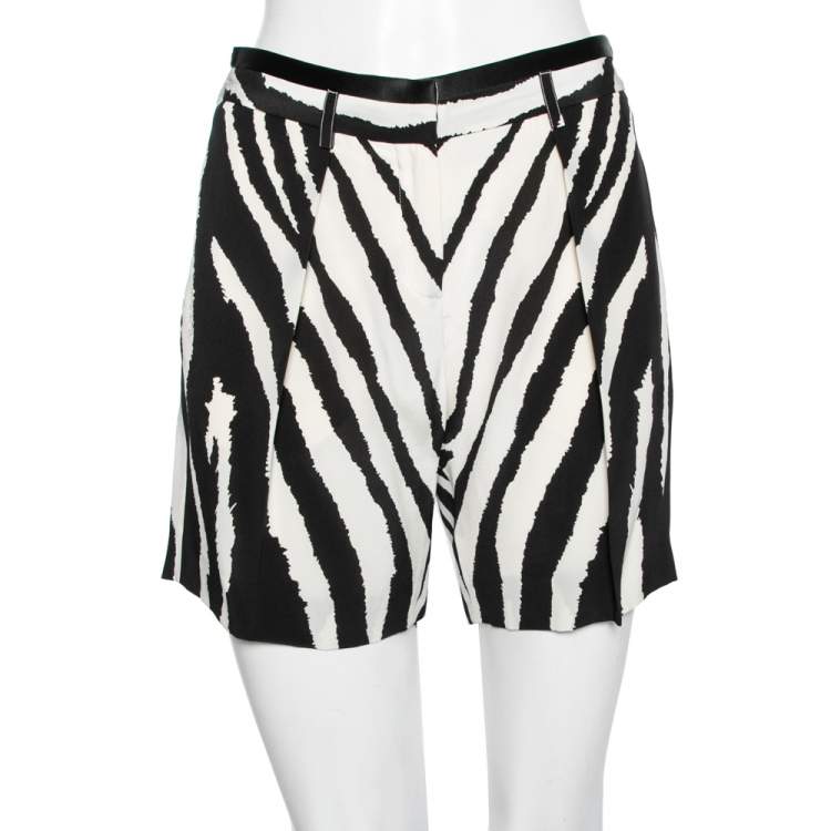 Pre Owned Roberto Cavalli  White and Black Zebra Printed Pleated Silk Shorts M