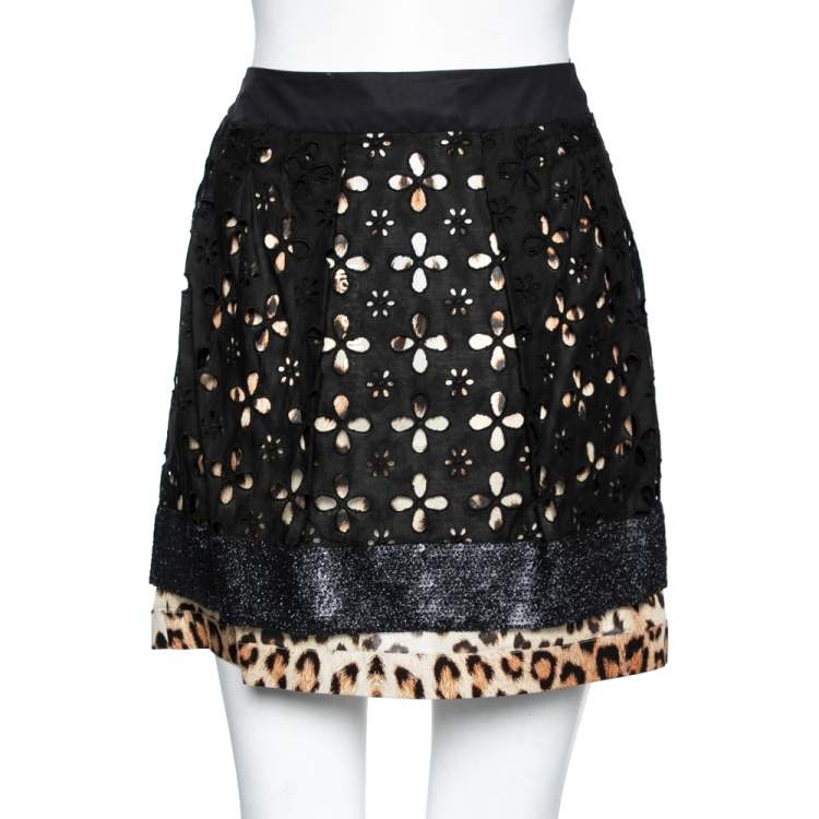 Pre Owned Roberto Cavalli Black Cutwork & Animal Printed Cotton Pleated Mini Skirt M