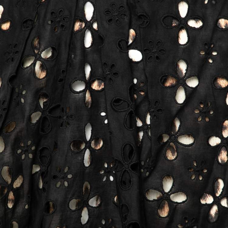 Pre Owned Roberto Cavalli Black Cutwork & Animal Printed Cotton Pleated Mini Skirt M