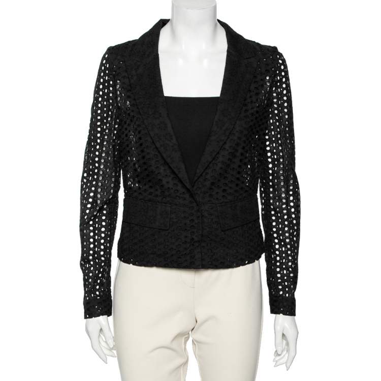 Pre Owned Roberto Cavalli Black Cutwork Cotton Button Front Blazer M