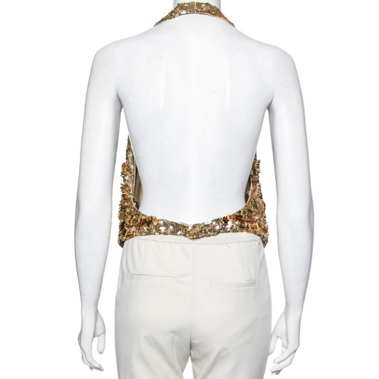 Pre Owned Roberto Cavalli Gold Patterned Sequin Embellished Silk Halter Neck Vest M