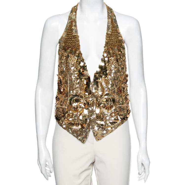 Pre Owned Roberto Cavalli Gold Patterned Sequin Embellished Silk Halter Neck Vest M