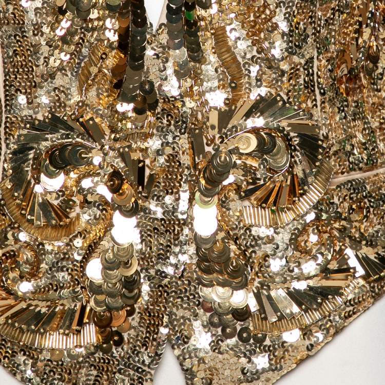 Pre Owned Roberto Cavalli Gold Patterned Sequin Embellished Silk Halter Neck Vest M