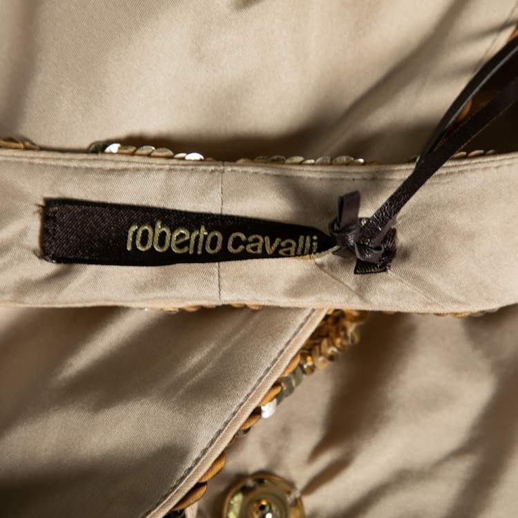 Pre Owned Roberto Cavalli Gold Patterned Sequin Embellished Silk Halter Neck Vest M