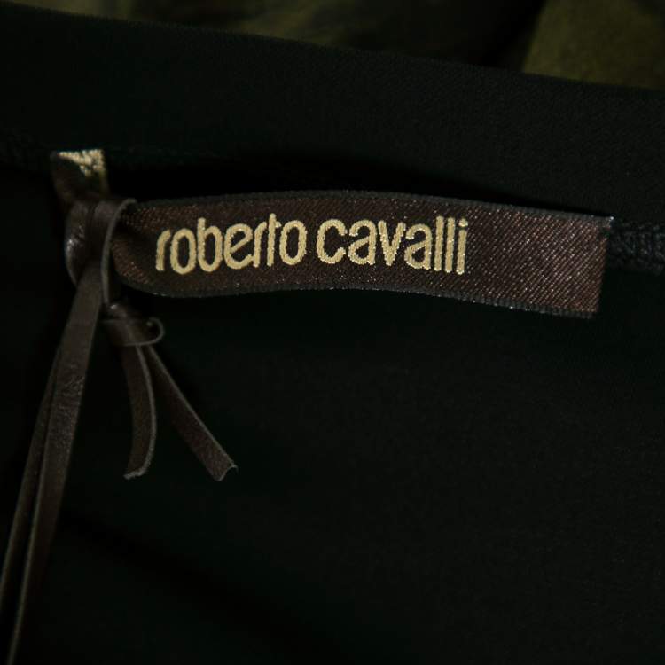 Pre Owned Roberto Cavalli Black & Green Printed Silk Crepe Pleated Dress M