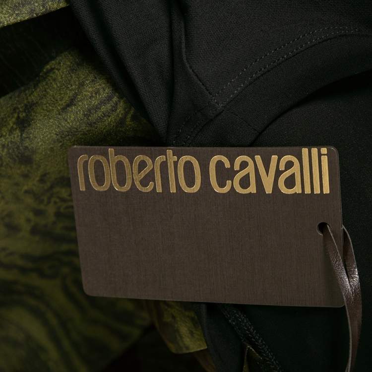 Pre Owned Roberto Cavalli Black & Green Printed Silk Crepe Pleated Dress M