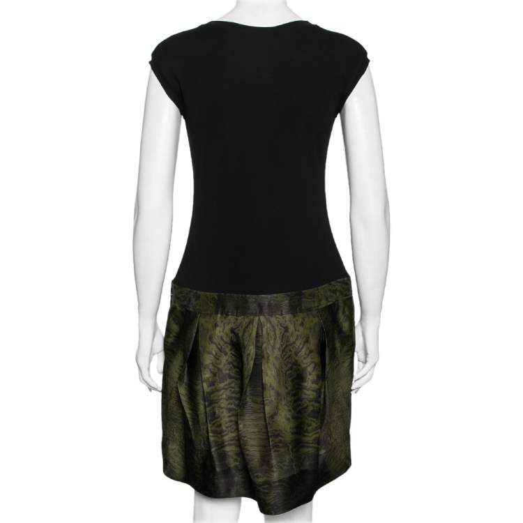 Pre Owned Roberto Cavalli Black & Green Printed Silk Crepe Pleated Dress M