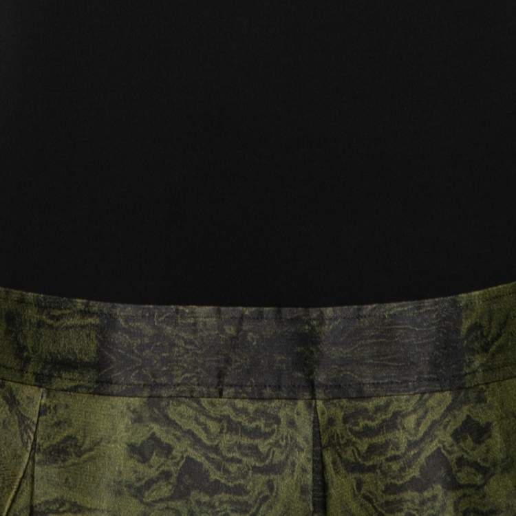Pre Owned Roberto Cavalli Black & Green Printed Silk Crepe Pleated Dress M