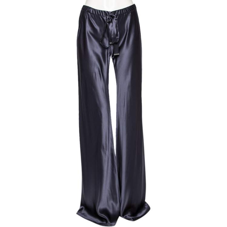 Pre Owned Roberto Cavalli Blue Satin Silk Drawstring Waist Detail Pants M