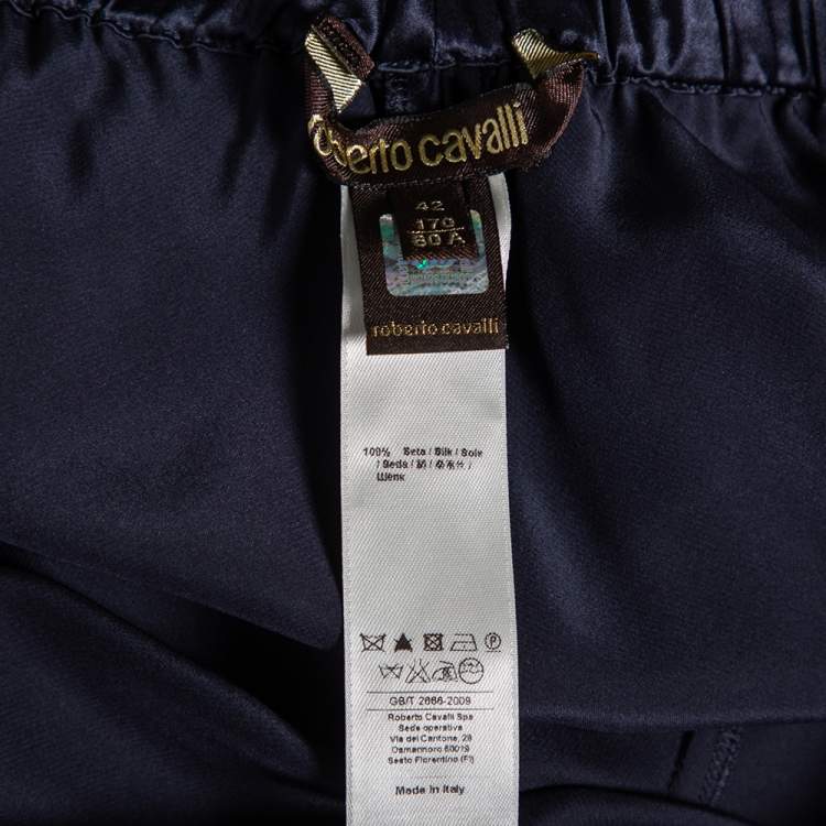Pre Owned Roberto Cavalli Blue Satin Silk Drawstring Waist Detail Pants M
