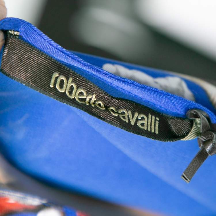 مملوكة مسبقًا Roberto Cavalli Blue Printed Silk Net Inset Detailed Dress M 