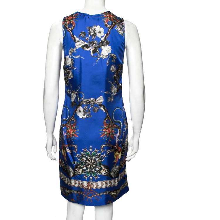 مملوكة مسبقًا Roberto Cavalli Blue Printed Silk Net Inset Detailed Dress M 