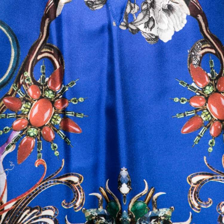 مملوكة مسبقًا Roberto Cavalli Blue Printed Silk Net Inset Detailed Dress M 