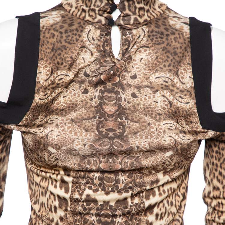 مملوكة مسبقًا Roberto Cavalli Brown Animal Print Jersey Cold Shoulder Top M 