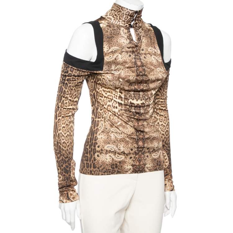 مملوكة مسبقًا Roberto Cavalli Brown Animal Print Jersey Cold Shoulder Top M 