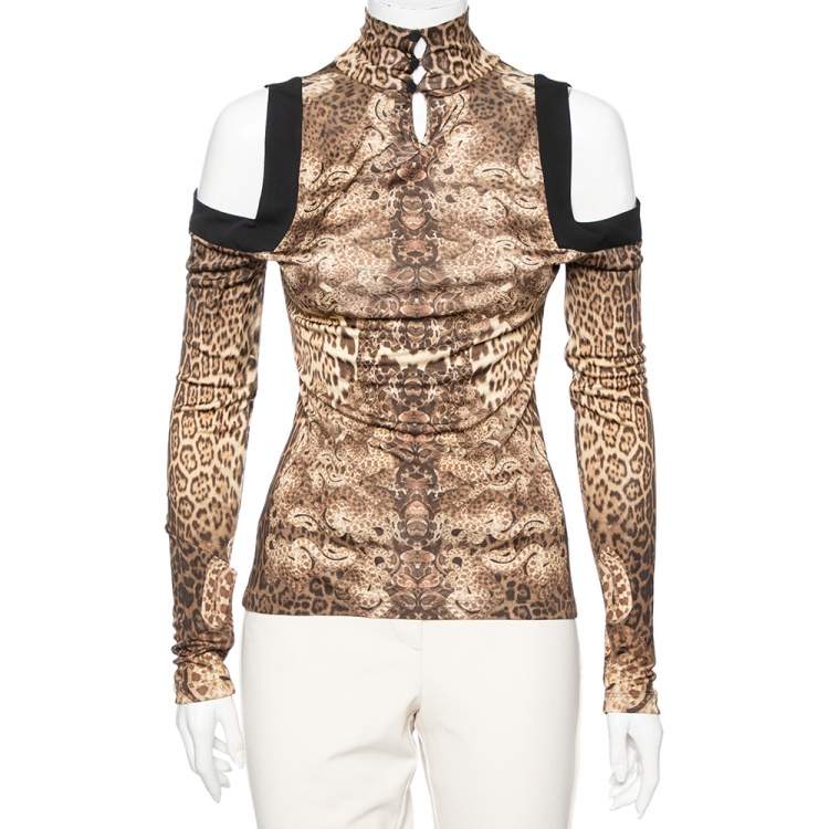 مملوكة مسبقًا Roberto Cavalli Brown Animal Print Jersey Cold Shoulder Top M 