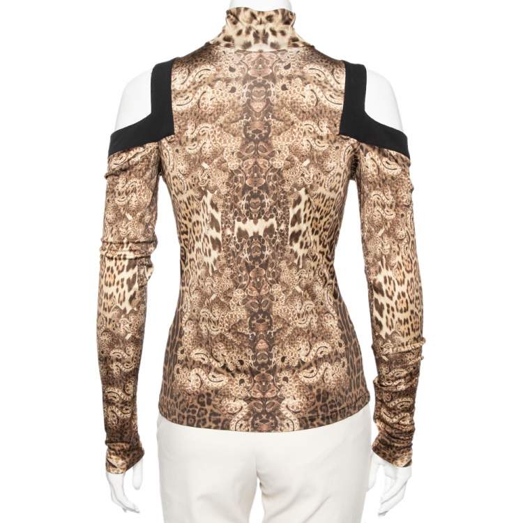 مملوكة مسبقًا Roberto Cavalli Brown Animal Print Jersey Cold Shoulder Top M 
