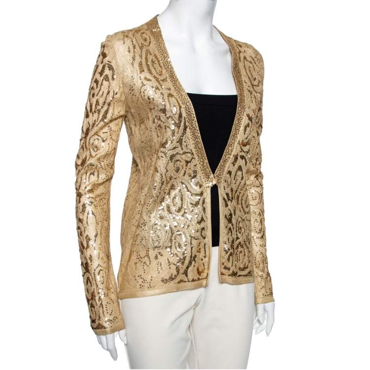 Pre Owned Roberto Cavalli Gold Sequin Embellished Knit Shrug M