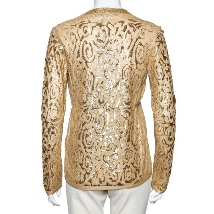 Pre Owned Roberto Cavalli Gold Sequin Embellished Knit Shrug M