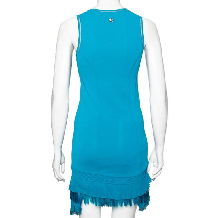 Pre Owned Roberto Cavalli Blue Knit Ruffle Embellished Hem Detail Shift Dress M