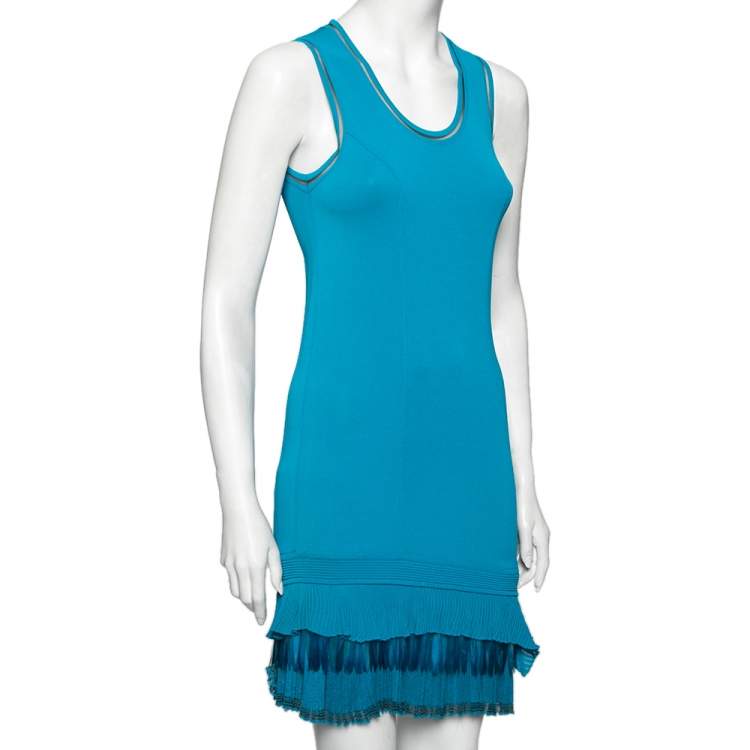 Pre Owned Roberto Cavalli Blue Knit Ruffle Embellished Hem Detail Shift Dress M
