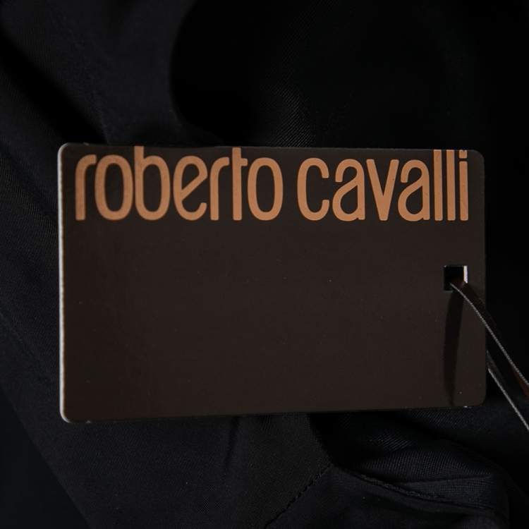 مملوكة مسبقًا Roberto Cavalli Black Printed Jersey Gathered Detail Dress M 