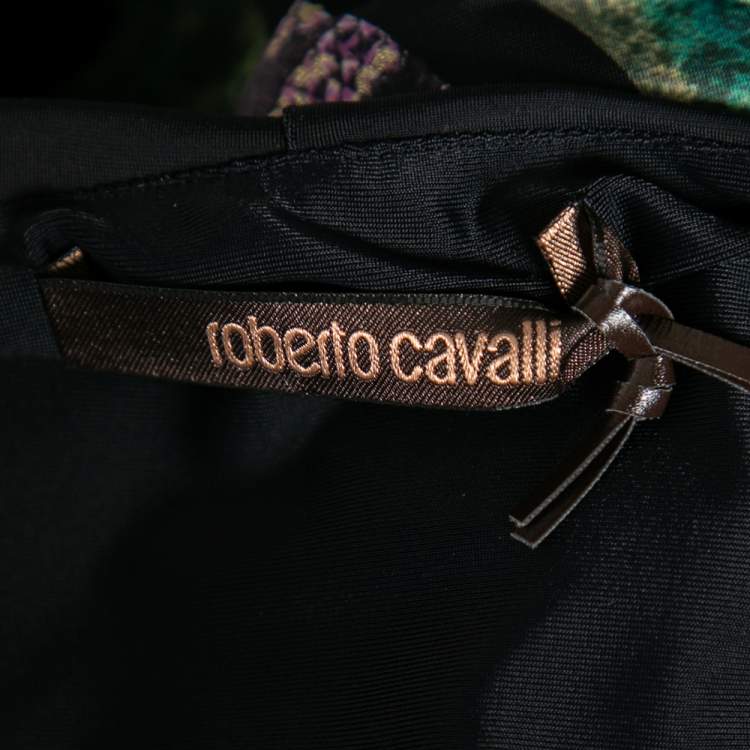 مملوكة مسبقًا Roberto Cavalli Black Printed Jersey Gathered Detail Dress M 