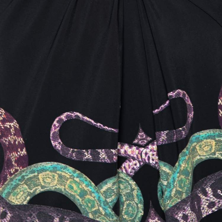 مملوكة مسبقًا Roberto Cavalli Black Printed Jersey Gathered Detail Dress M 