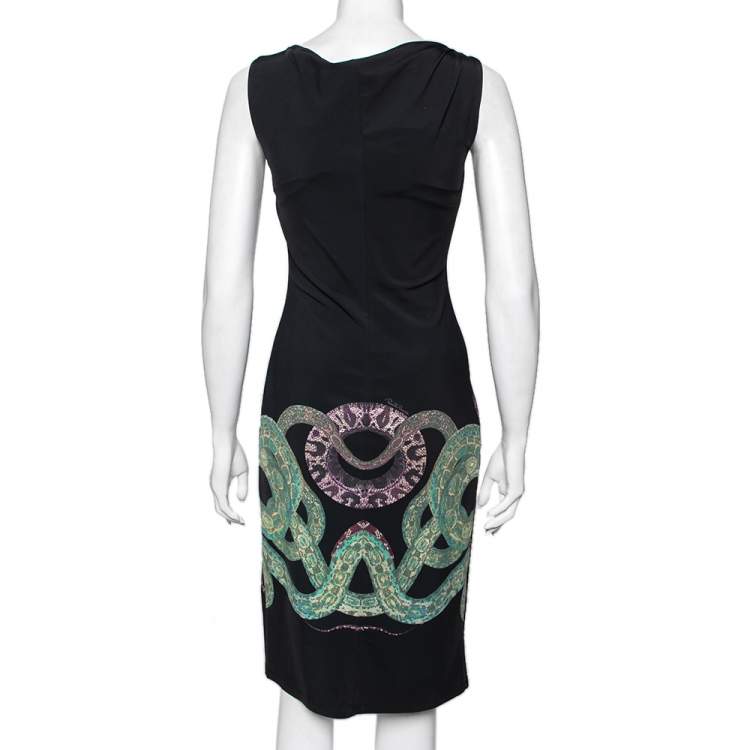 مملوكة مسبقًا Roberto Cavalli Black Printed Jersey Gathered Detail Dress M 