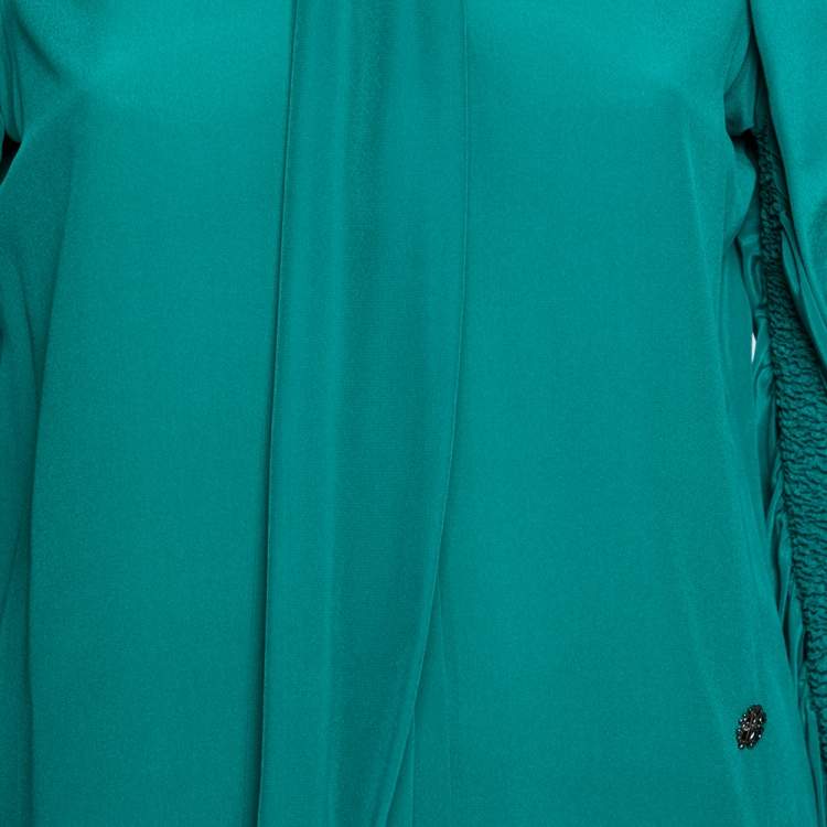 Pre Owned Roberto Cavalli Green Silk Front Button and Bow Tie Blouse M