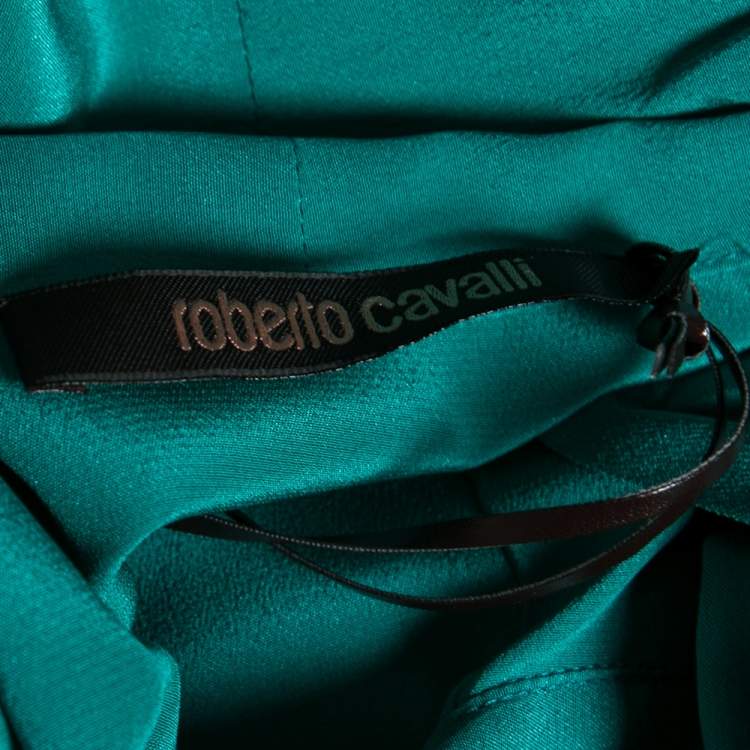 Pre Owned Roberto Cavalli Green Silk Front Button and Bow Tie Blouse M