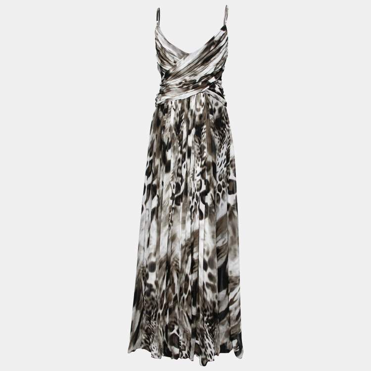 مملوكة مسبقًا Roberto Cavalli Green and White Silk Animal Print Draped and Pleated Maxi Dress L