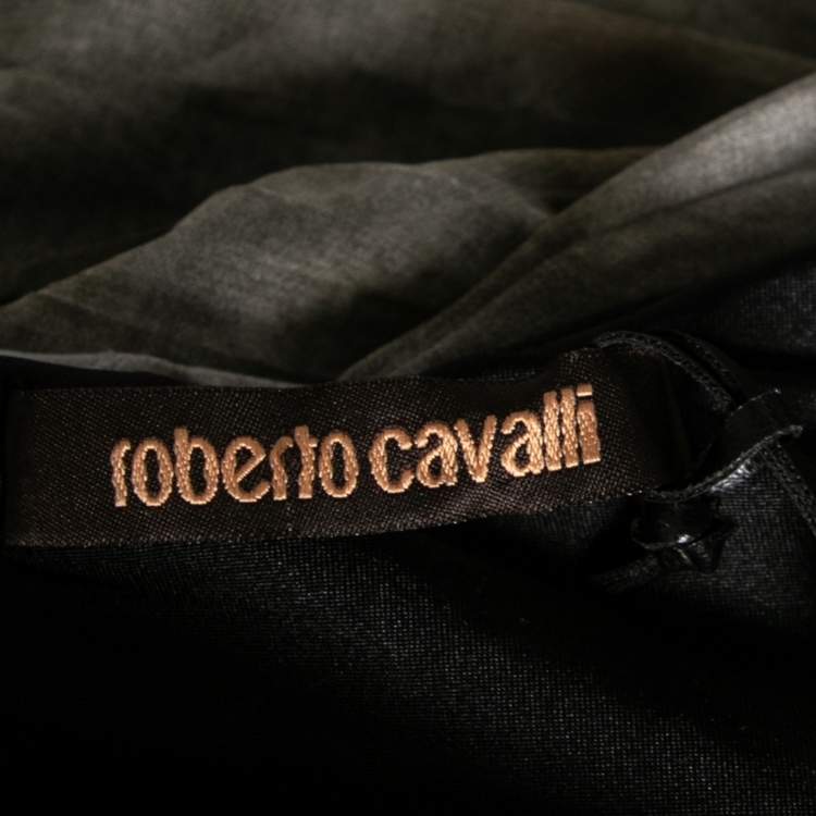 مملوكة مسبقًا Roberto Cavalli Green and White Silk Animal Print Draped and Pleated Maxi Dress L