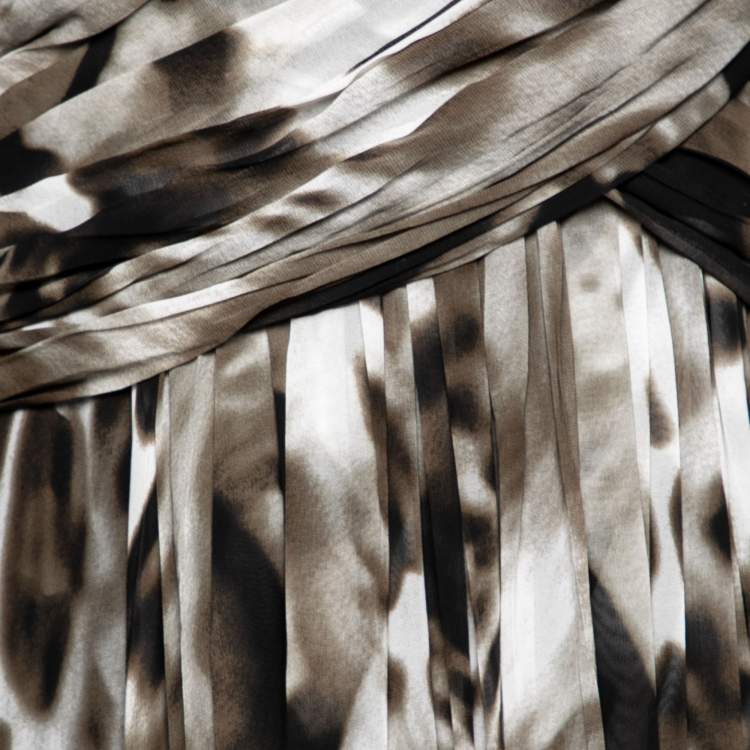 مملوكة مسبقًا Roberto Cavalli Green and White Silk Animal Print Draped and Pleated Maxi Dress L