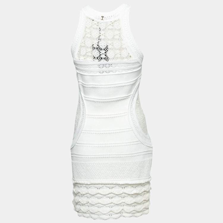 Pre Owned Roberto Cavalli Ivory Patterned Cotton Knit Sleeveless Dress M