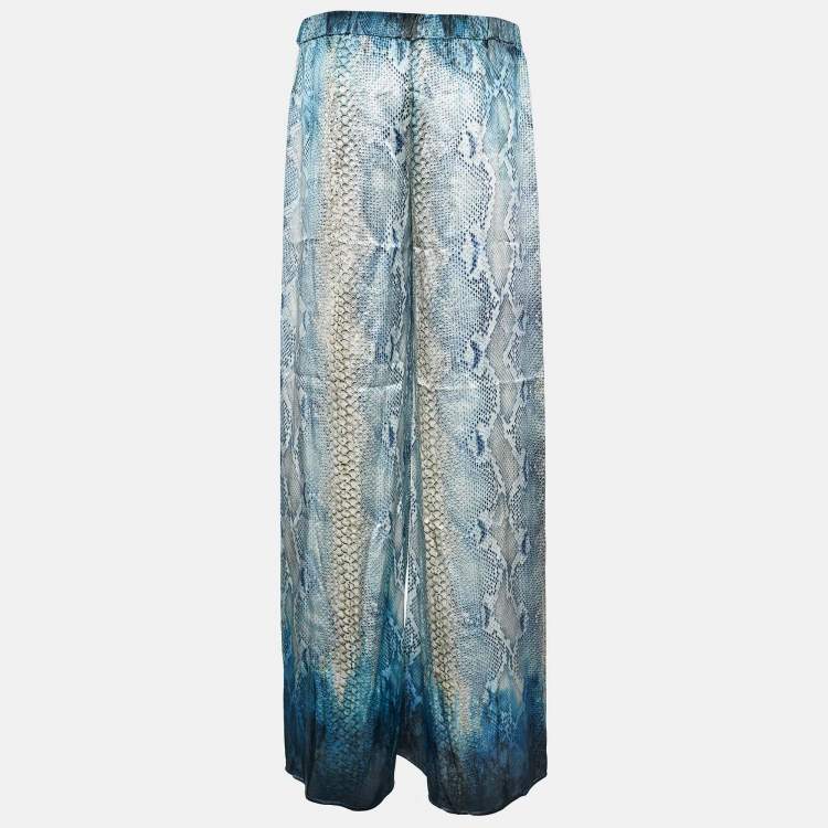 Pre Owned Roberto Cavalli White/Blue Animal Print Silk Trouser M