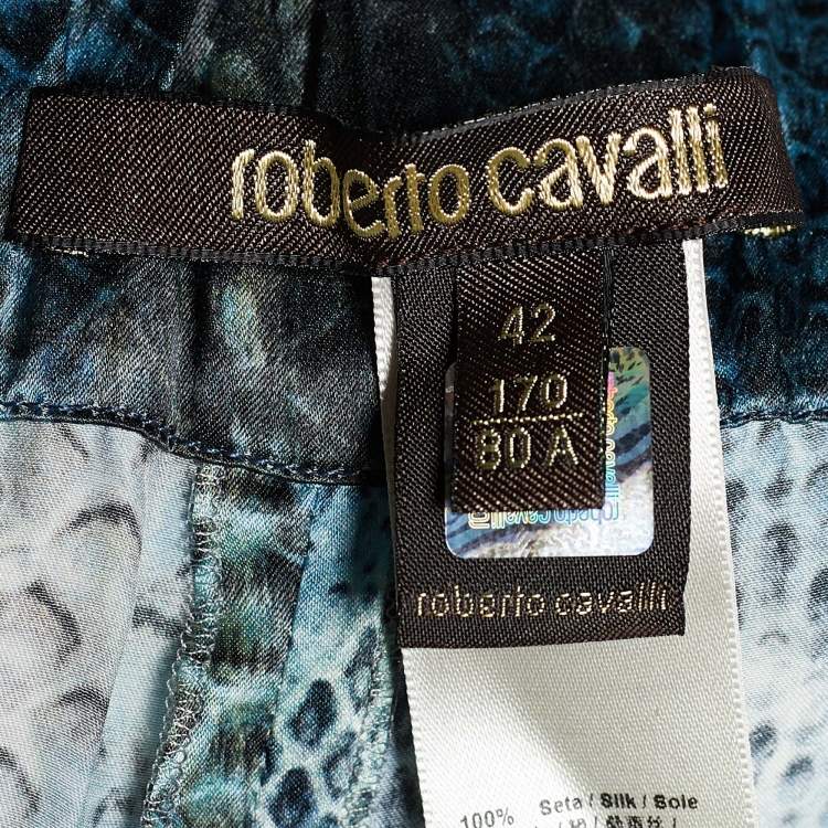 Pre Owned Roberto Cavalli White/Blue Animal Print Silk Trouser M