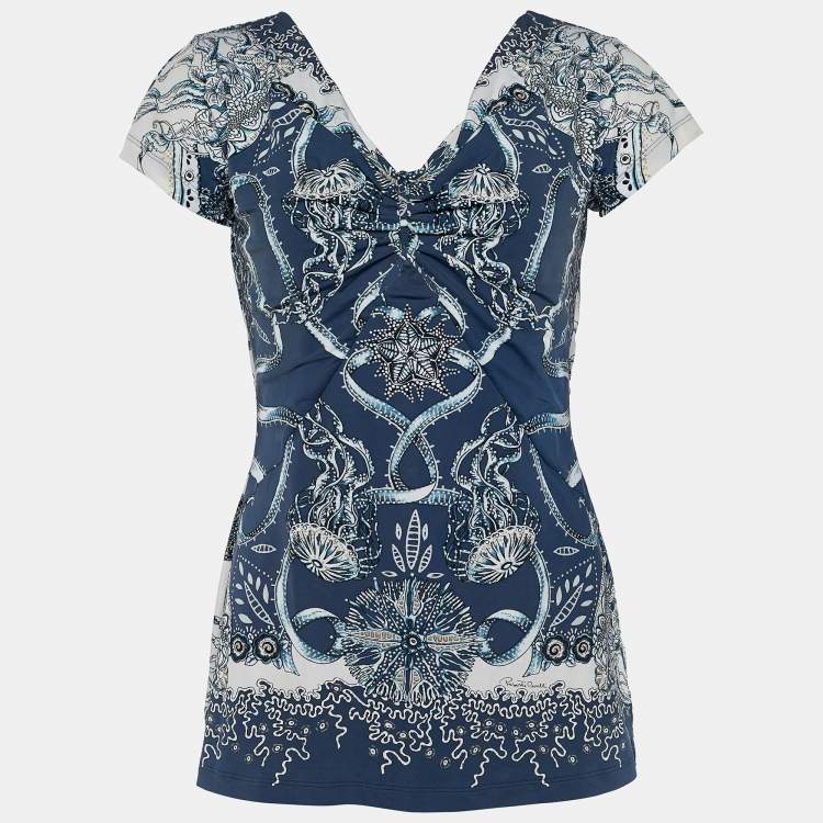 Pre Owned Roberto Cavalli Navy Blue Printed Synthetic Top L