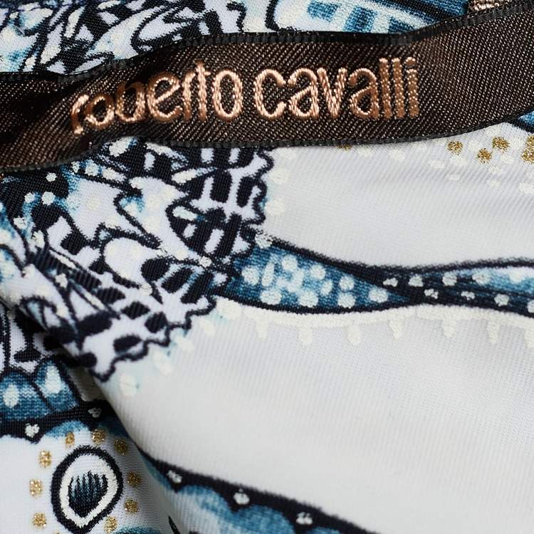 Pre Owned Roberto Cavalli Navy Blue Printed Synthetic Top L