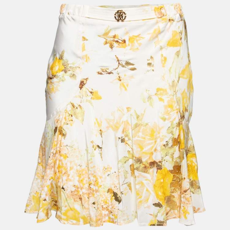 مملوكة مسبقًا Roberto Cavalli Yellow Floral Printed Silk Skirt S