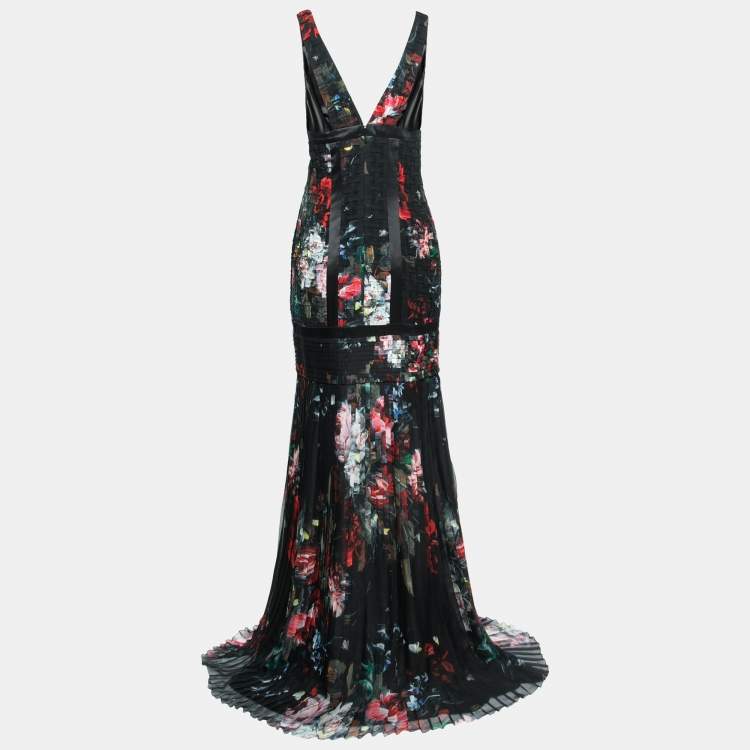 Pre Owned Roberto Cavalli Black Floral Print Patterned Silk Pleated Maxi Dress M
