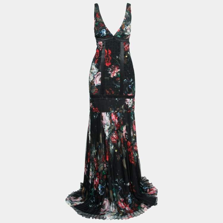 Pre Owned Roberto Cavalli Black Floral Print Patterned Silk Pleated Maxi Dress M