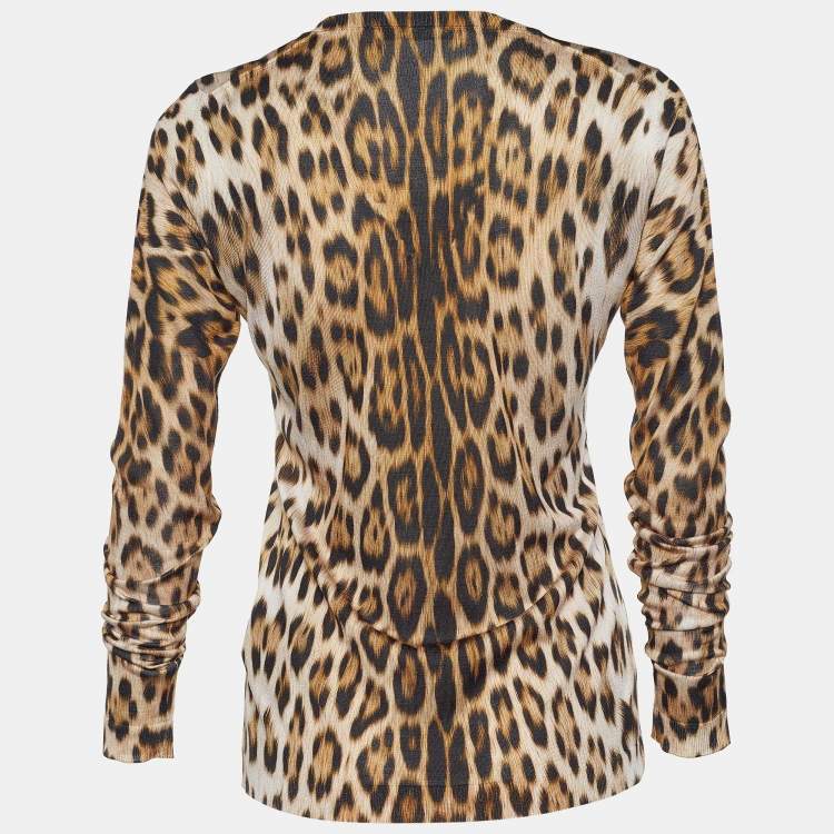 Pre Owned Roberto Cavalli Brown Silk Leopard Print Cardigan S